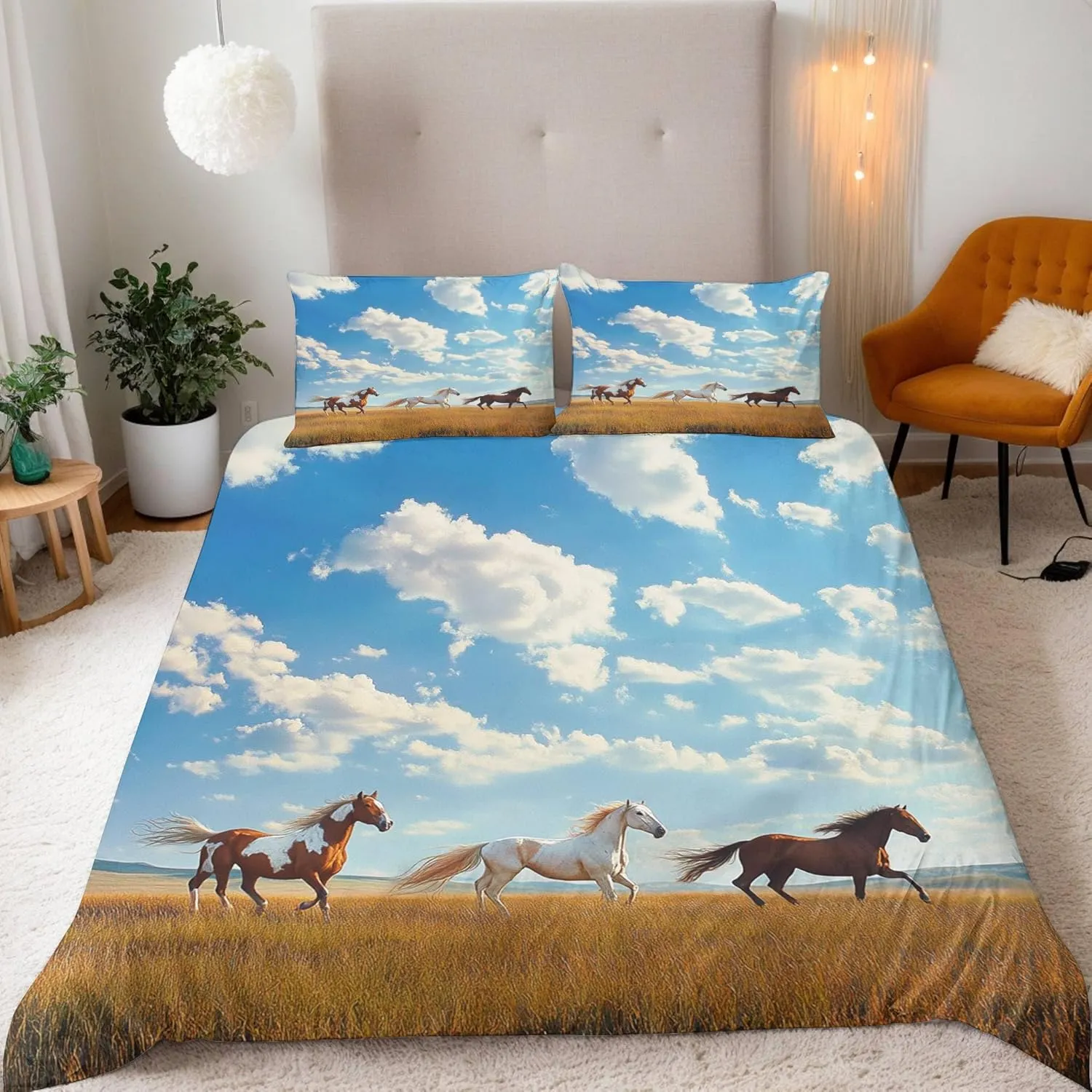 Duvet Cover Twin Horse Duvet Cover Set Grassland Running Animal Horse Comforter Covers Breathable Microfiber Bedding Set 3 Pieces with Zipper Closure, 1 Quilt Covers and 2 Pillowcase