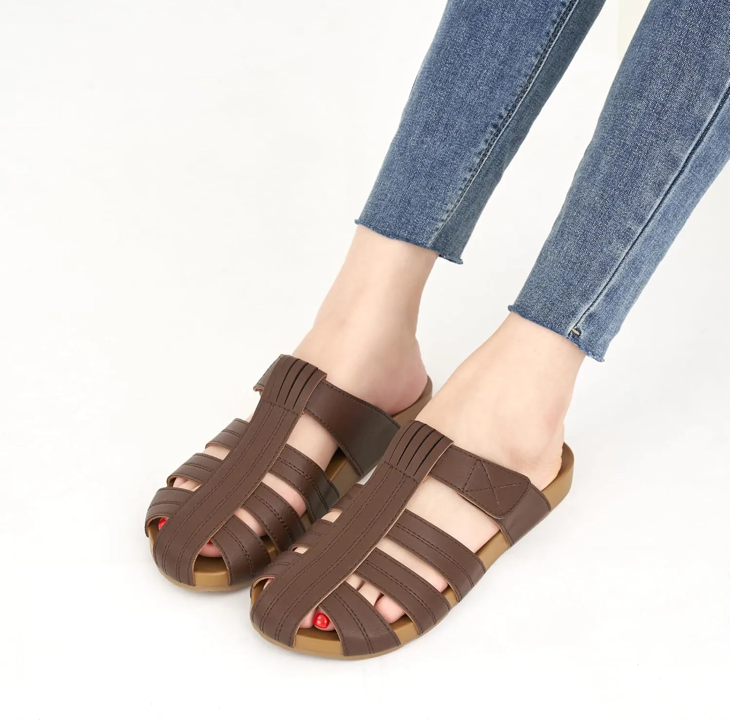 Ecetana Womens Clogs Flat Sandals Dressy Summer Comfortable Closed Toe Mules Breathable Adjustable Slip On Shoes
