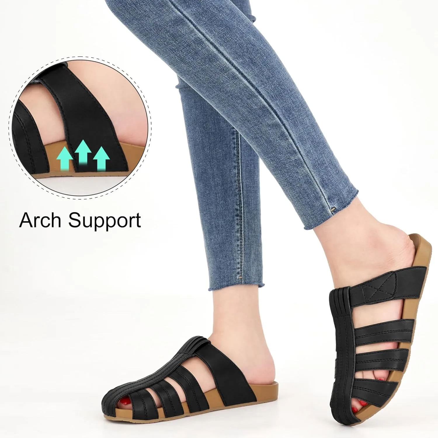 Ecetana Womens Clogs Flat Sandals Dressy Summer Comfortable Closed Toe Mules Breathable Adjustable Slip On Shoes
