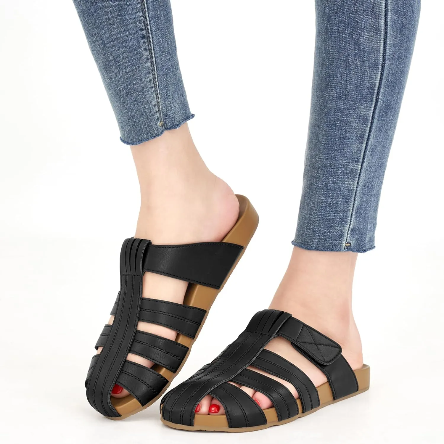 Ecetana Womens Clogs Flat Sandals Dressy Summer Comfortable Closed Toe Mules Breathable Adjustable Slip On Shoes
