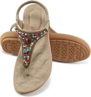 Ecetana Womens Sandals Dressy Flat with Bohemian Beaded Comfortable Casual Summer Slip On Ankle Elastic Thong Shoes