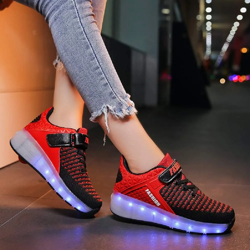 Ehauuo Kids Single Wheels Shoes with Lights Rechargeable Roller Skates Retractable LED Flashing Sneakers Wheels Shoes for Unisex Girls Boys Beginners Gift