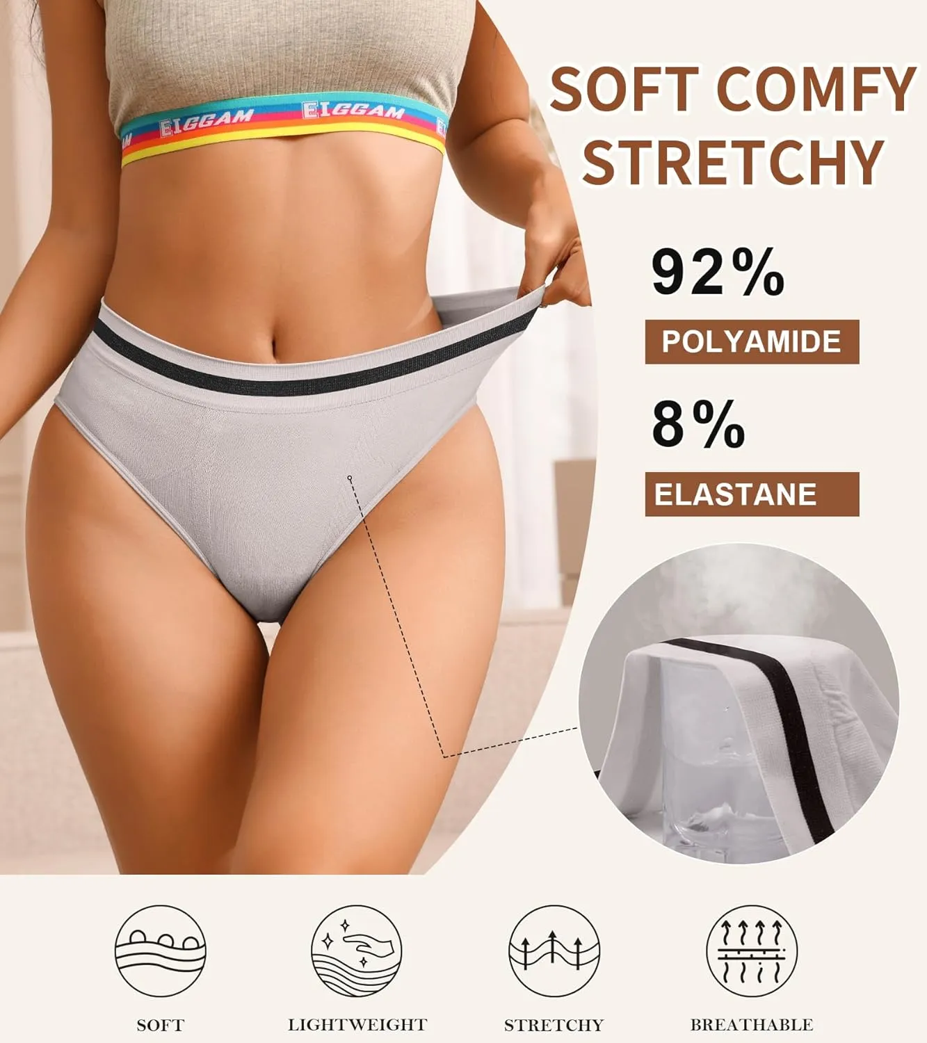Eiggam Breathable Wicking Underwear High Waist Bikini Underwear Slight Tummy Control Panty Elastic No Show Cheeky Panty Pack