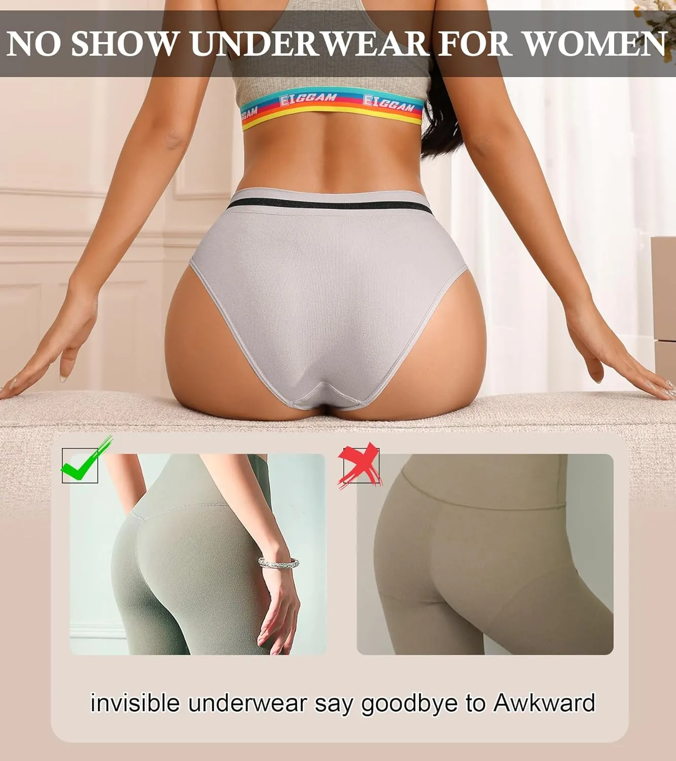 Eiggam Breathable Wicking Underwear High Waist Bikini Underwear Slight Tummy Control Panty Elastic No Show Cheeky Panty Pack