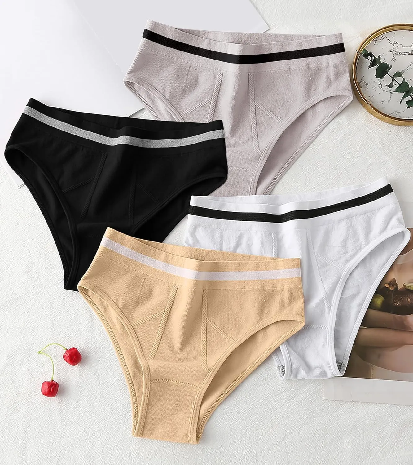 Eiggam Breathable Wicking Underwear High Waist Bikini Underwear Slight Tummy Control Panty Elastic No Show Cheeky Panty Pack