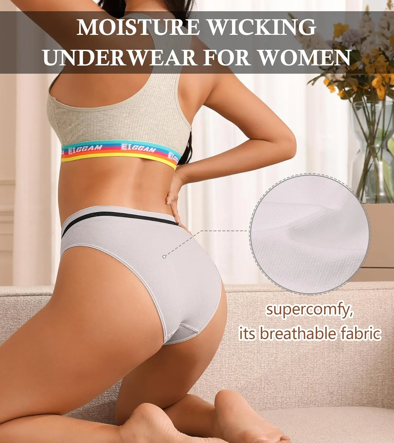 Eiggam Breathable Wicking Underwear High Waist Bikini Underwear Slight Tummy Control Panty Elastic No Show Cheeky Panty Pack