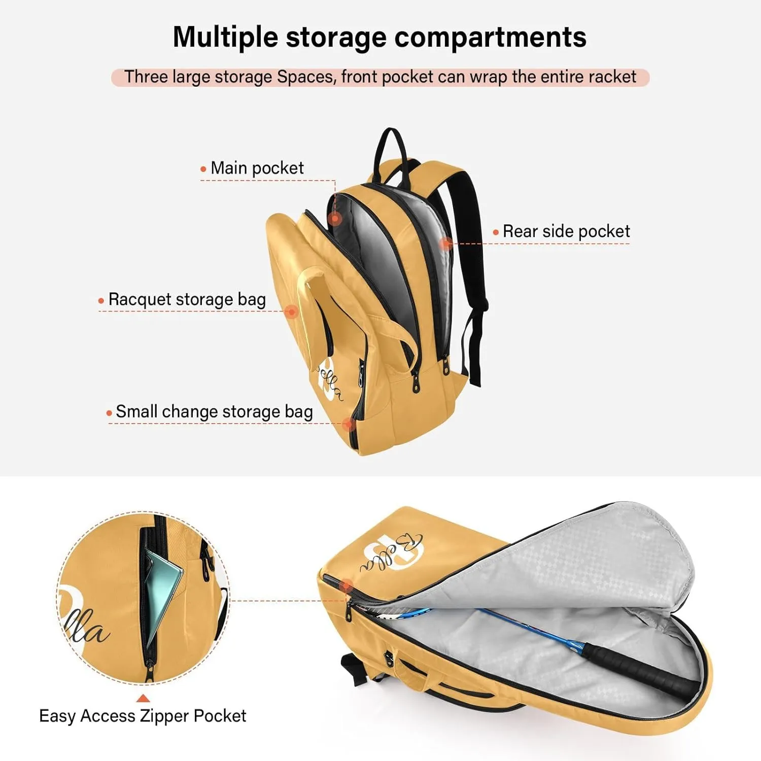 Emelivor Custom Peach Tennis Bags for Women Men Personalized Casual Daypack