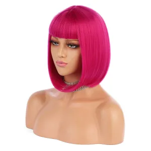eNilecor Short Bob Hair Wigs 12" Straight with Flat Bangs Synthetic Colorful Cosplay Daily Party Wig for Women Natural As Real Hair  Free Wig Cap(Hot Pink)