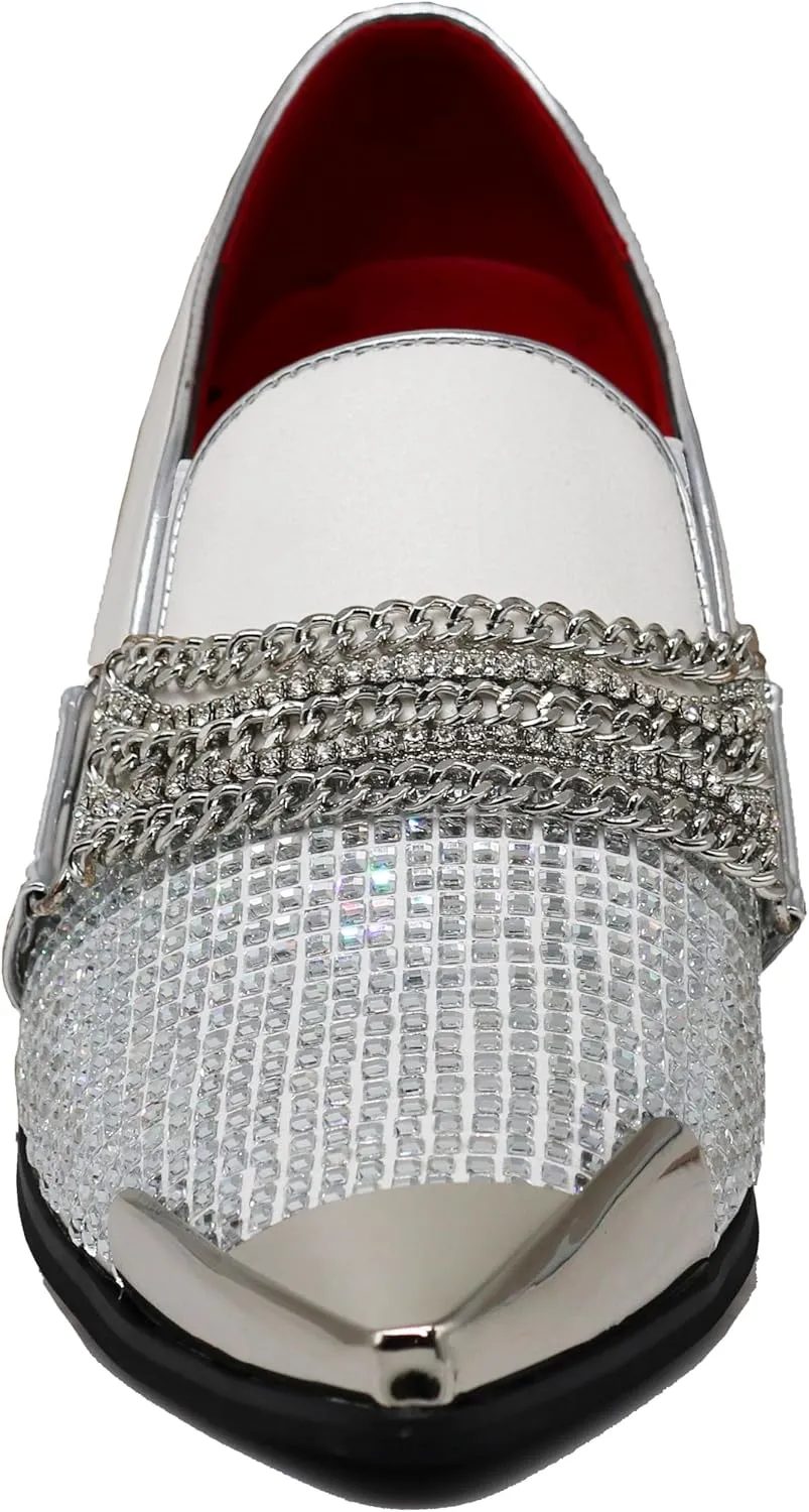 Enzo Romeo Crisino Men Rhinestone Chrome Toe Suede Pointy Buckle Dress Loafer Slip On Shoes