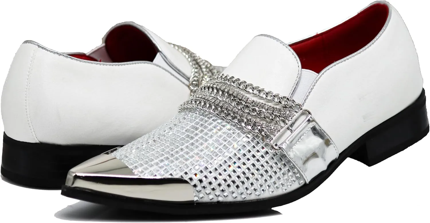 Enzo Romeo Crisino Men Rhinestone Chrome Toe Suede Pointy Buckle Dress Loafer Slip On Shoes