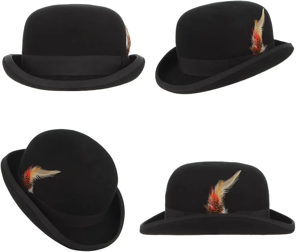 EOZY Mens 100% Wool Black Derby Hat with Removable Feather Satin Lined Roll Brim Bowler Hat