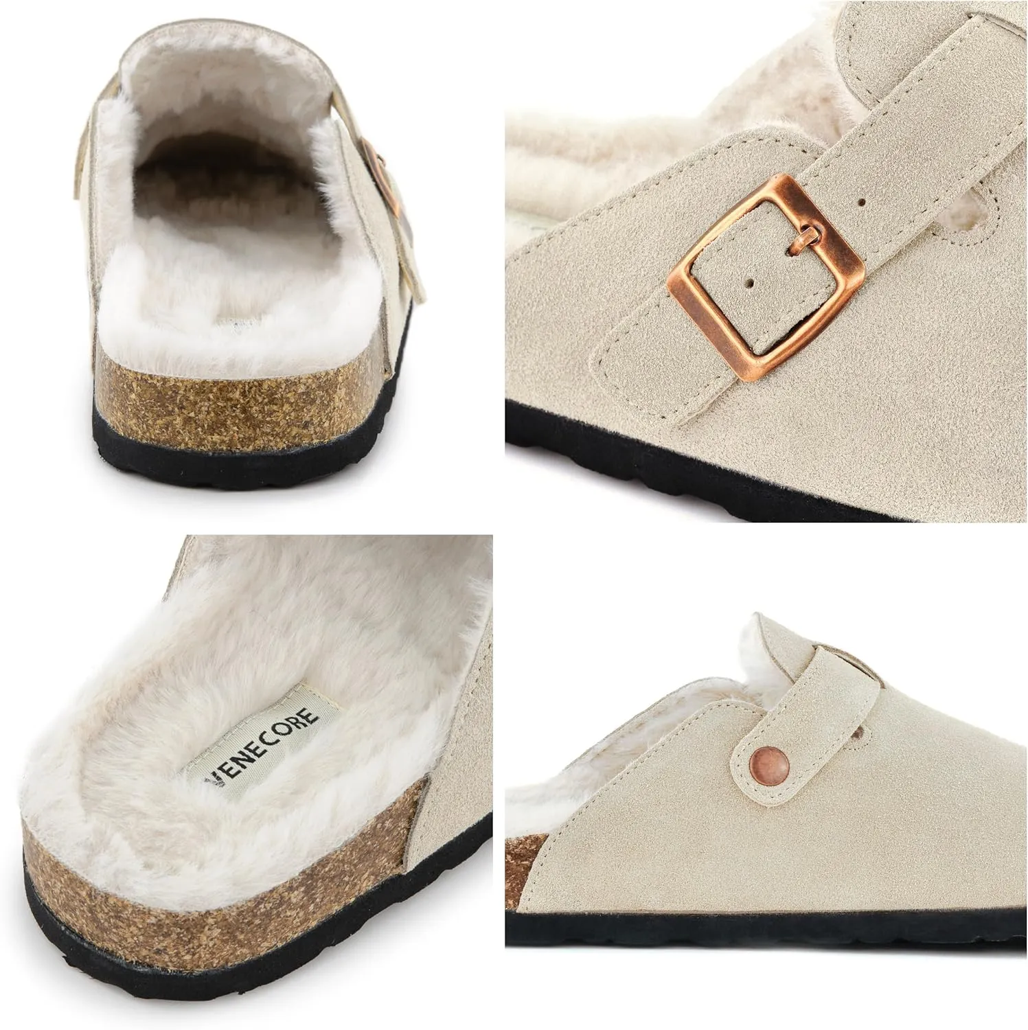 Erica Women's Cork Footbed Clogs Genuine Soft Suede Fuzzy Faux Fur Lined Comfort Cushioned Mule Slide Shoes