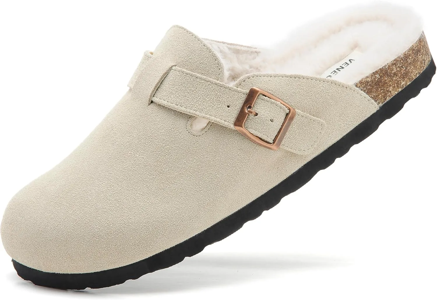 Erica Women's Cork Footbed Clogs Genuine Soft Suede Fuzzy Faux Fur Lined Comfort Cushioned Mule Slide Shoes