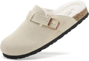Erica Women's Cork Footbed Clogs Genuine Soft Suede Fuzzy Faux Fur Lined Comfort Cushioned Mule Slide Shoes