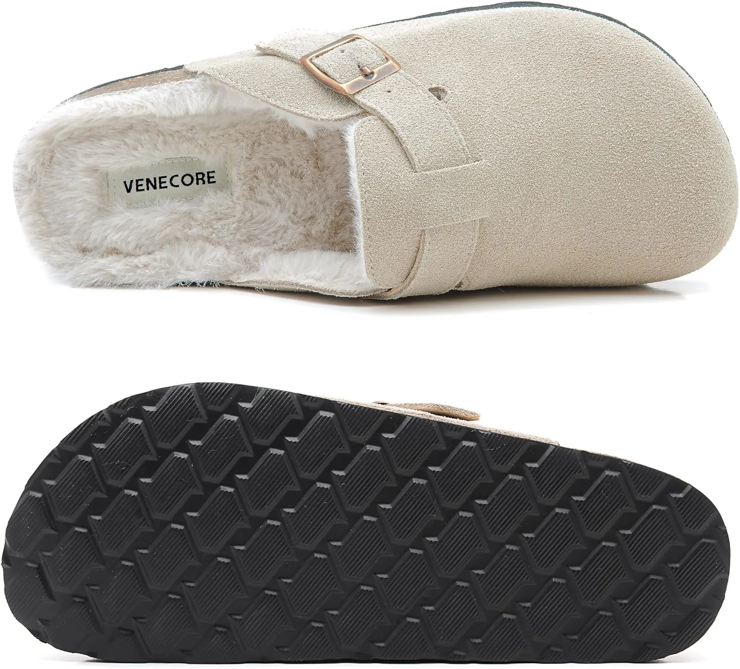 Erica Women's Cork Footbed Clogs Genuine Soft Suede Fuzzy Faux Fur Lined Comfort Cushioned Mule Slide Shoes