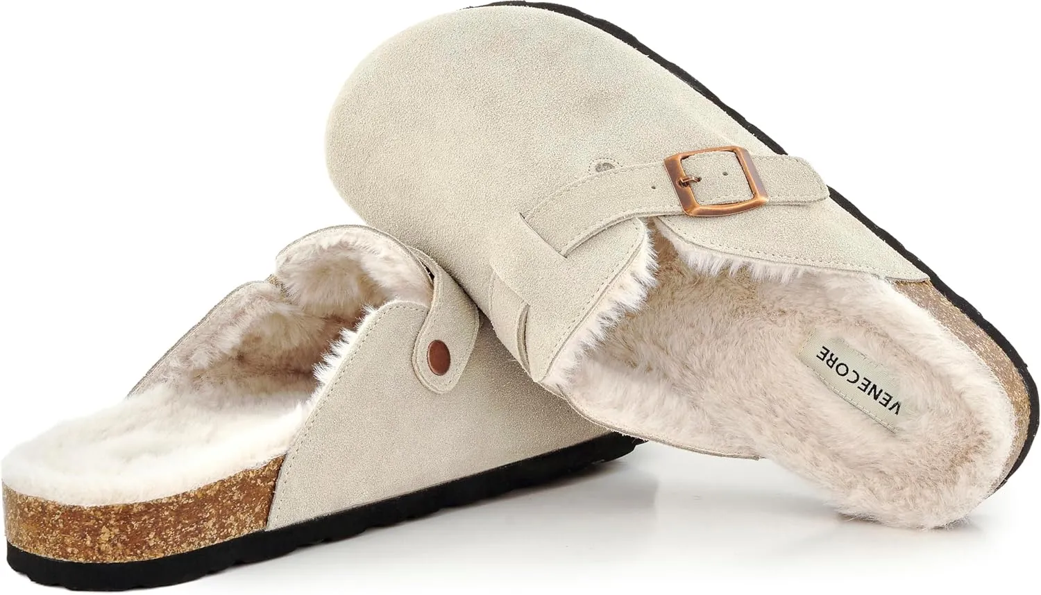 Erica Women's Cork Footbed Clogs Genuine Soft Suede Fuzzy Faux Fur Lined Comfort Cushioned Mule Slide Shoes