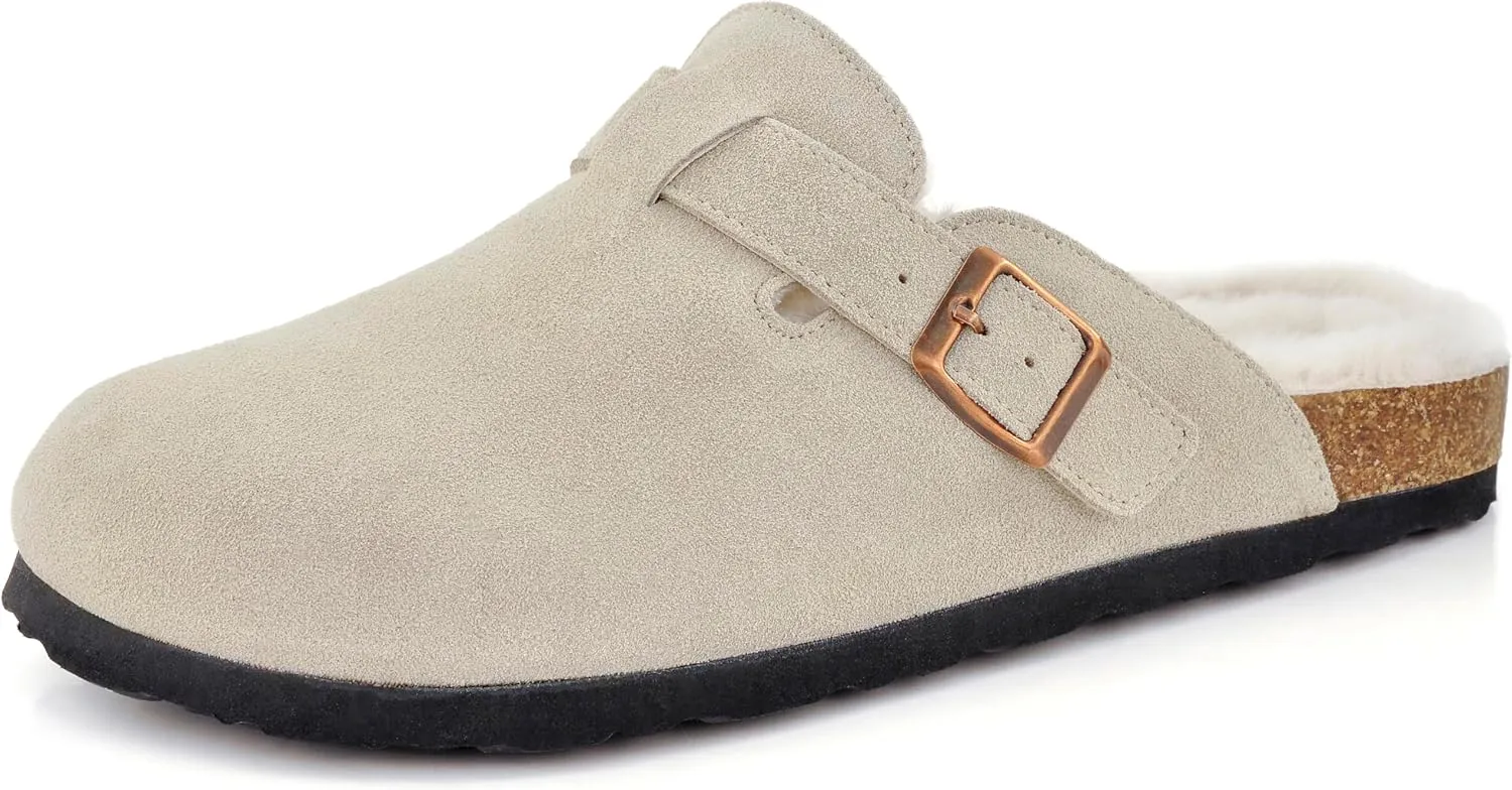 Erica Women's Cork Footbed Clogs Genuine Soft Suede Fuzzy Faux Fur Lined Comfort Cushioned Mule Slide Shoes