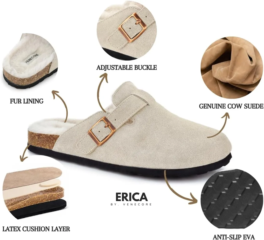 Erica Women's Cork Footbed Clogs Genuine Soft Suede Fuzzy Faux Fur Lined Comfort Cushioned Mule Slide Shoes