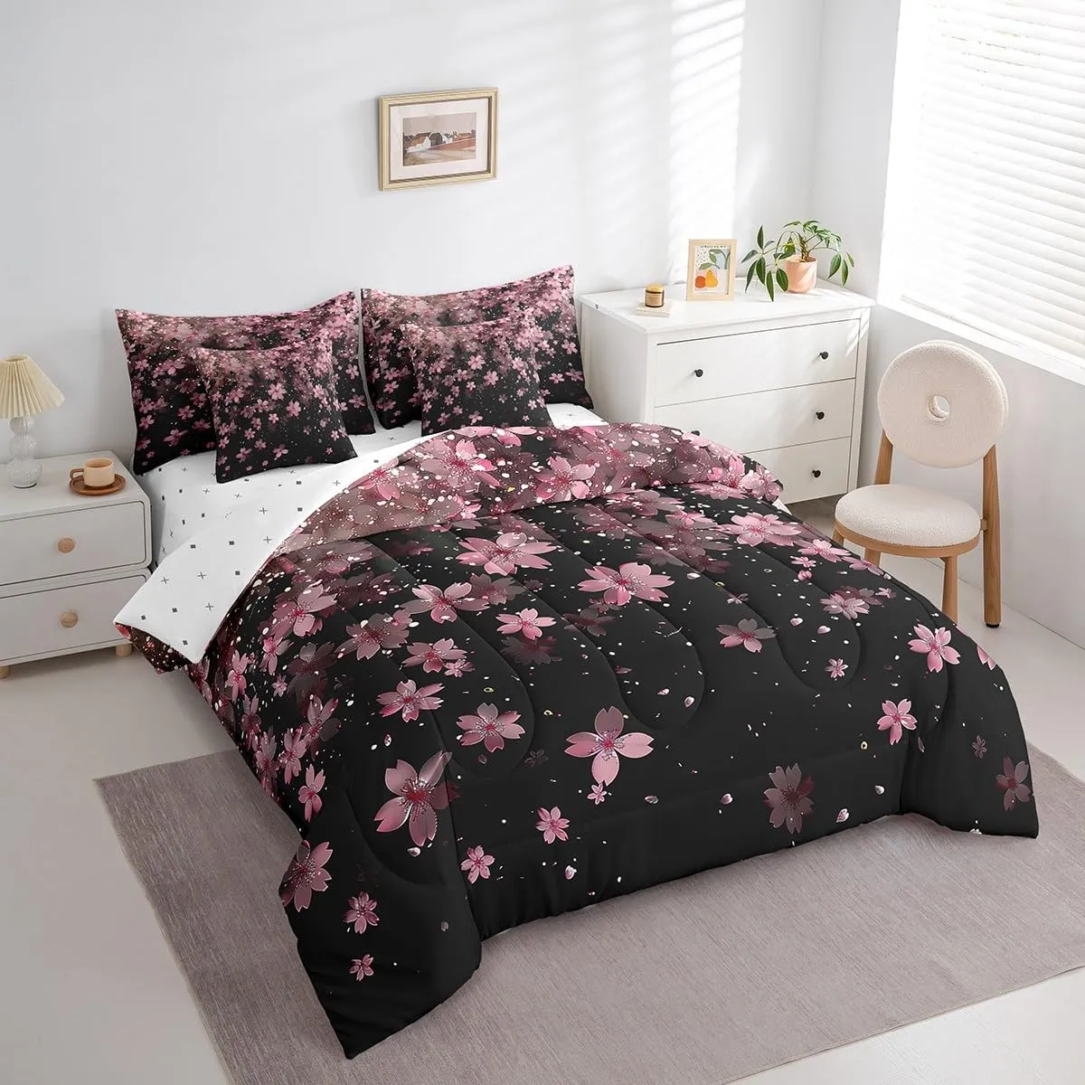 Erosebridal Cherry Blossoms 7 Piece Comforter Set Queen,Girl Pink Flowers Bed in a Bag with Flat Sheet and Fitted Sheet,Japanese Petal Floral Romantic Blossom Bedding Set with Pillowcase & Sham