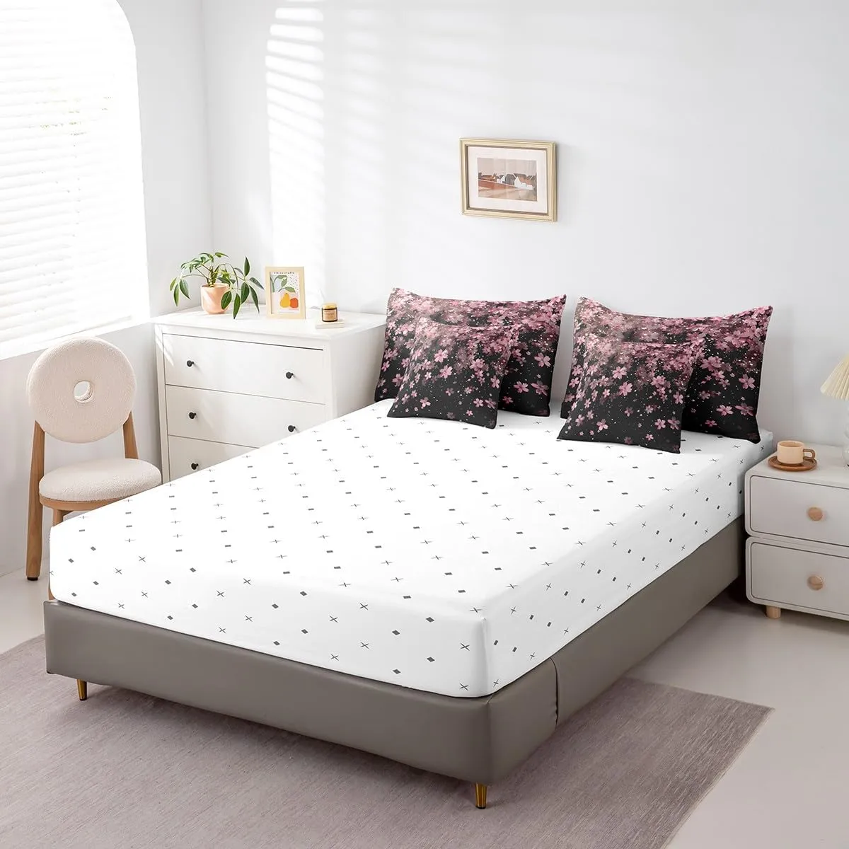 Erosebridal Cherry Blossoms 7 Piece Comforter Set Queen,Girl Pink Flowers Bed in a Bag with Flat Sheet and Fitted Sheet,Japanese Petal Floral Romantic Blossom Bedding Set with Pillowcase & Sham