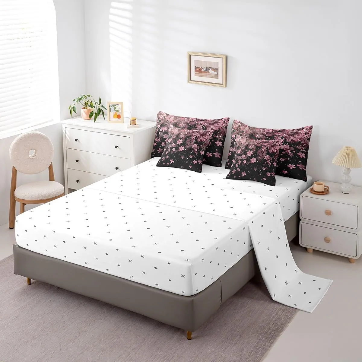 Erosebridal Cherry Blossoms 7 Piece Comforter Set Queen,Girl Pink Flowers Bed in a Bag with Flat Sheet and Fitted Sheet,Japanese Petal Floral Romantic Blossom Bedding Set with Pillowcase & Sham