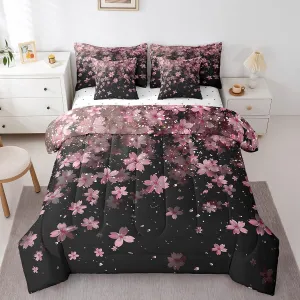 Erosebridal Cherry Blossoms 7 Piece Comforter Set Queen,Girl Pink Flowers Bed in a Bag with Flat Sheet and Fitted Sheet,Japanese Petal Floral Romantic Blossom Bedding Set with Pillowcase & Sham