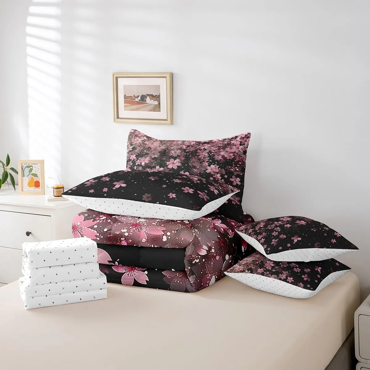 Erosebridal Cherry Blossoms 7 Piece Comforter Set Queen,Girl Pink Flowers Bed in a Bag with Flat Sheet and Fitted Sheet,Japanese Petal Floral Romantic Blossom Bedding Set with Pillowcase & Sham