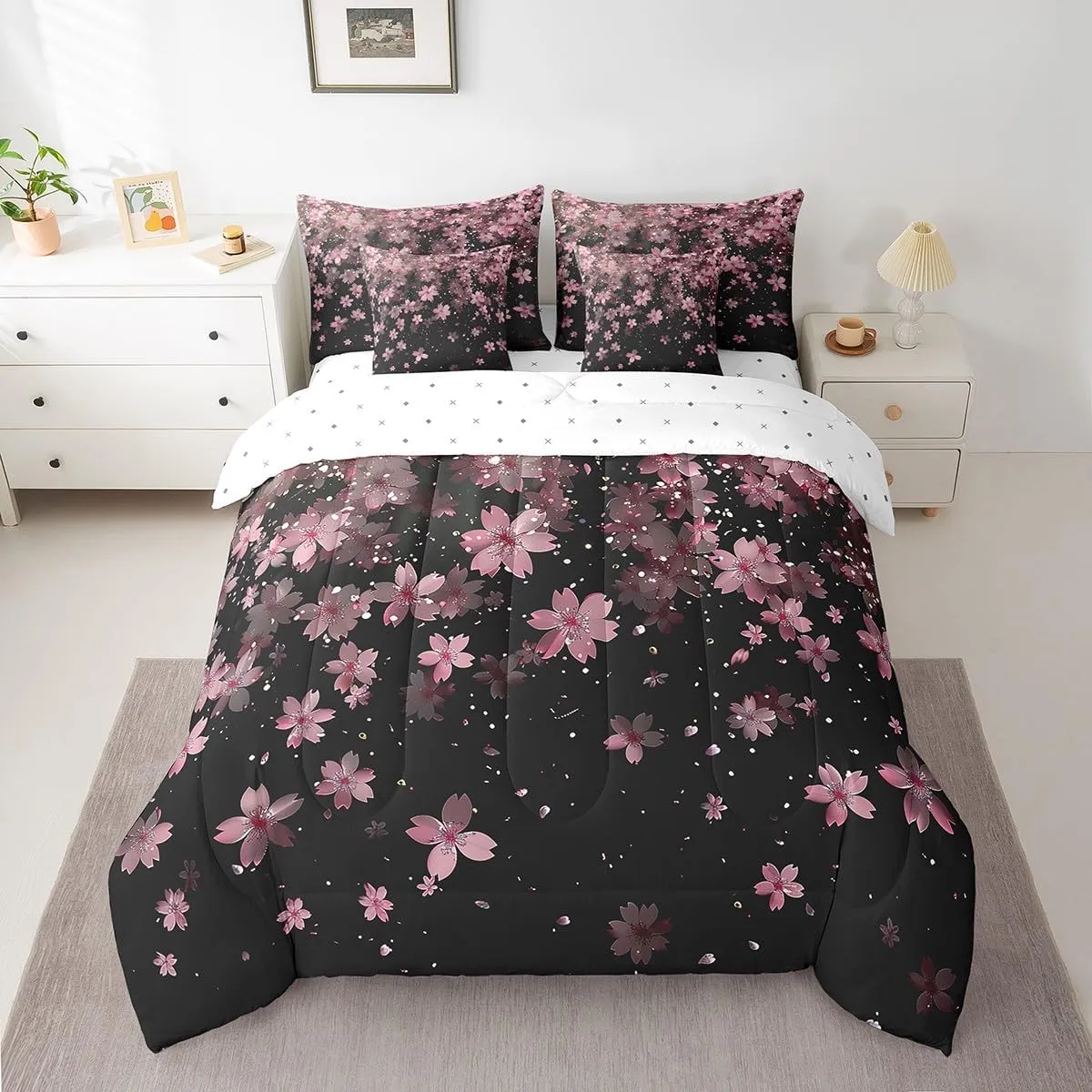 Erosebridal Cherry Blossoms 7 Piece Comforter Set Queen,Girl Pink Flowers Bed in a Bag with Flat Sheet and Fitted Sheet,Japanese Petal Floral Romantic Blossom Bedding Set with Pillowcase & Sham