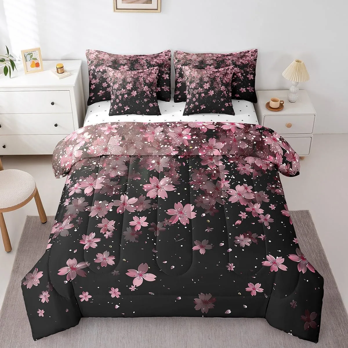 Erosebridal Cherry Blossoms 7 Piece Comforter Set Queen,Girl Pink Flowers Bed in a Bag with Flat Sheet and Fitted Sheet,Japanese Petal Floral Romantic Blossom Bedding Set with Pillowcase & Sham