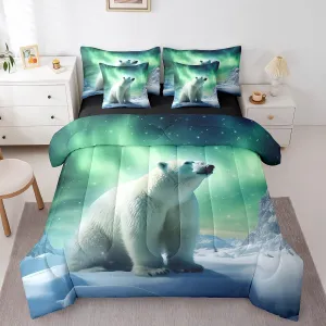 Erosebridal Polar Bear Bedding Set King,3D Polar Bear Comforter Set,Arctic Wildlife Animal(Comforter Fitted Flat Sheet 2 Pillowcases 2 Throw Pillow Covers) 7 Pieces Northern Lights Bed Set