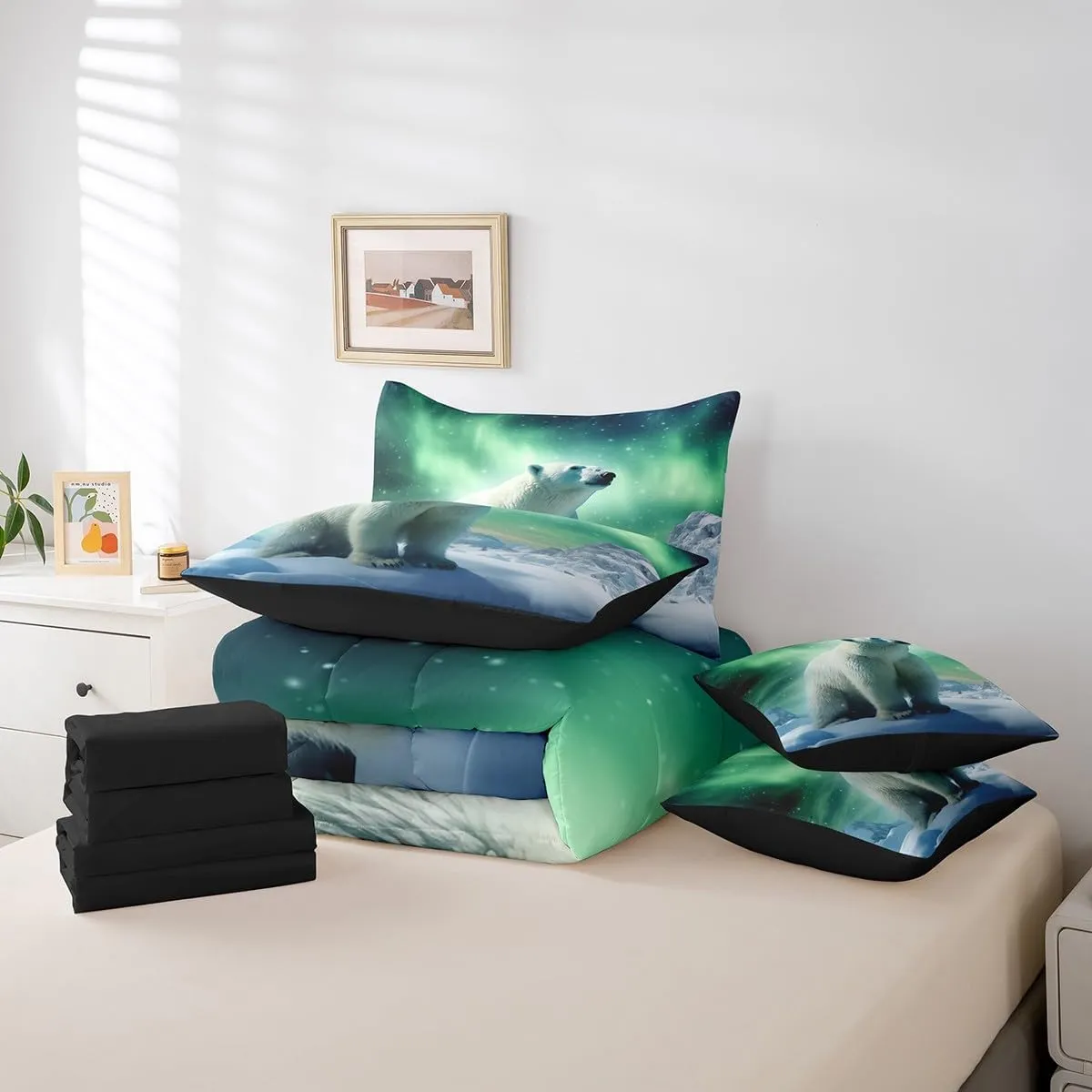 Erosebridal Polar Bear Bedding Set King,3D Polar Bear Comforter Set,Arctic Wildlife Animal(Comforter Fitted Flat Sheet 2 Pillowcases 2 Throw Pillow Covers) 7 Pieces Northern Lights Bed Set