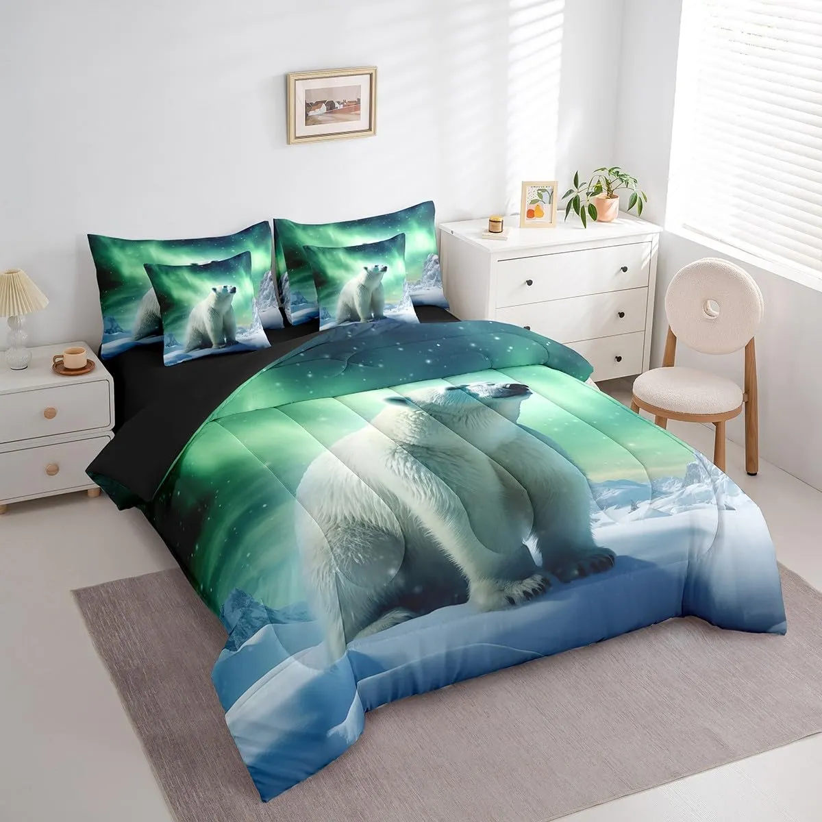 Erosebridal Polar Bear Bedding Set King,3D Polar Bear Comforter Set,Arctic Wildlife Animal(Comforter Fitted Flat Sheet 2 Pillowcases 2 Throw Pillow Covers) 7 Pieces Northern Lights Bed Set