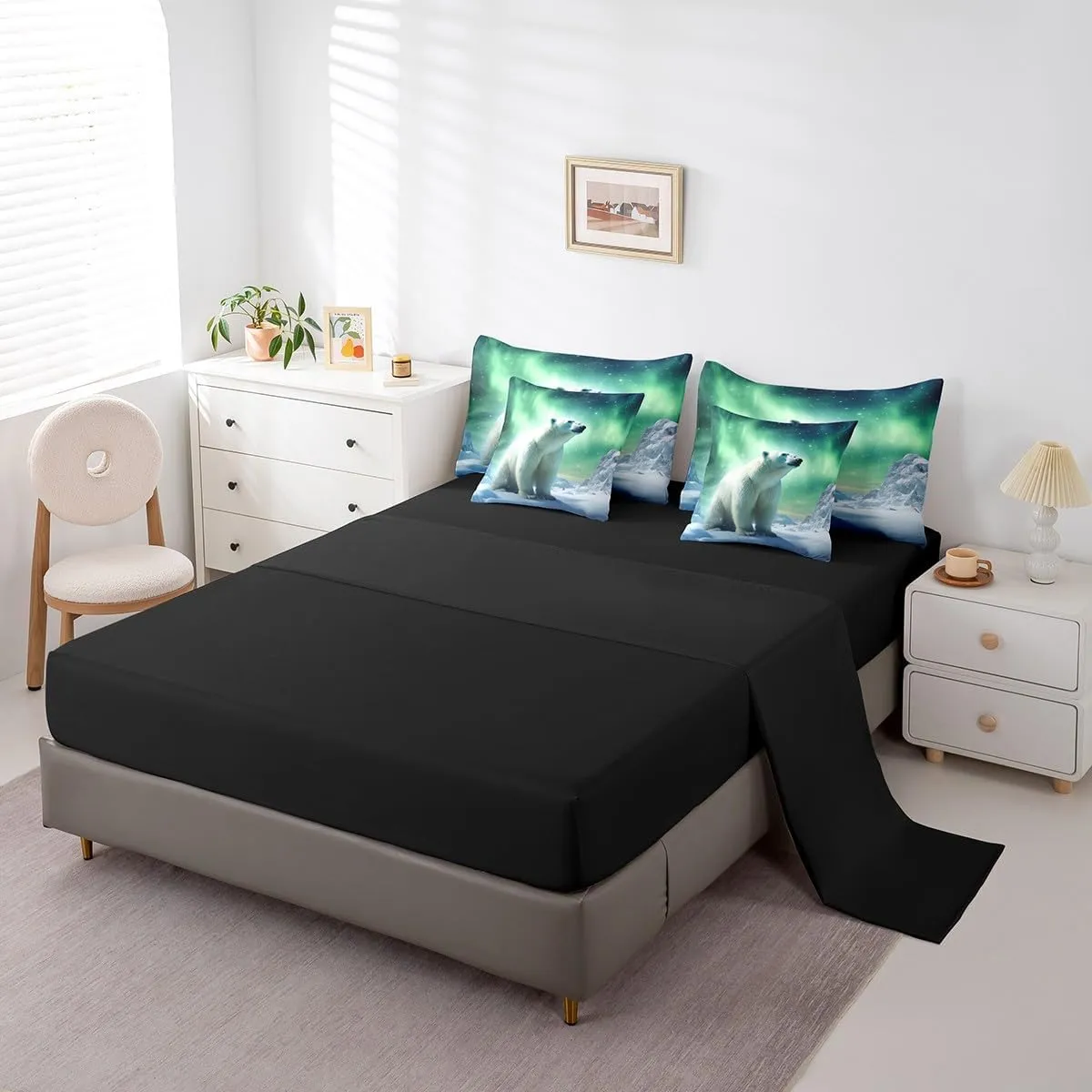 Erosebridal Polar Bear Bedding Set King,3D Polar Bear Comforter Set,Arctic Wildlife Animal(Comforter Fitted Flat Sheet 2 Pillowcases 2 Throw Pillow Covers) 7 Pieces Northern Lights Bed Set