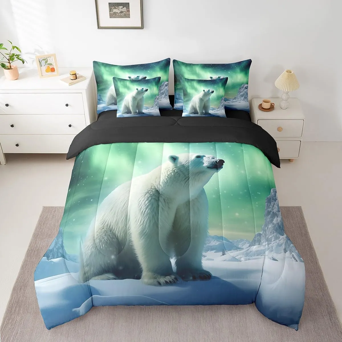 Erosebridal Polar Bear Bedding Set King,3D Polar Bear Comforter Set,Arctic Wildlife Animal(Comforter Fitted Flat Sheet 2 Pillowcases 2 Throw Pillow Covers) 7 Pieces Northern Lights Bed Set