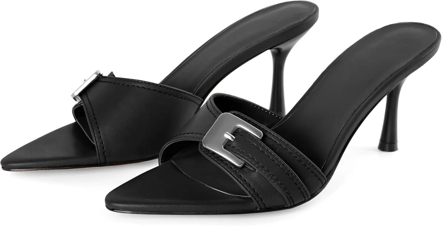 Esvowido Womens Mule Heels Pointed Open Toe Heeled Sandals 2.95 Inch Stiletto Mules with Buckle Work Party Wedding Summer Shoes