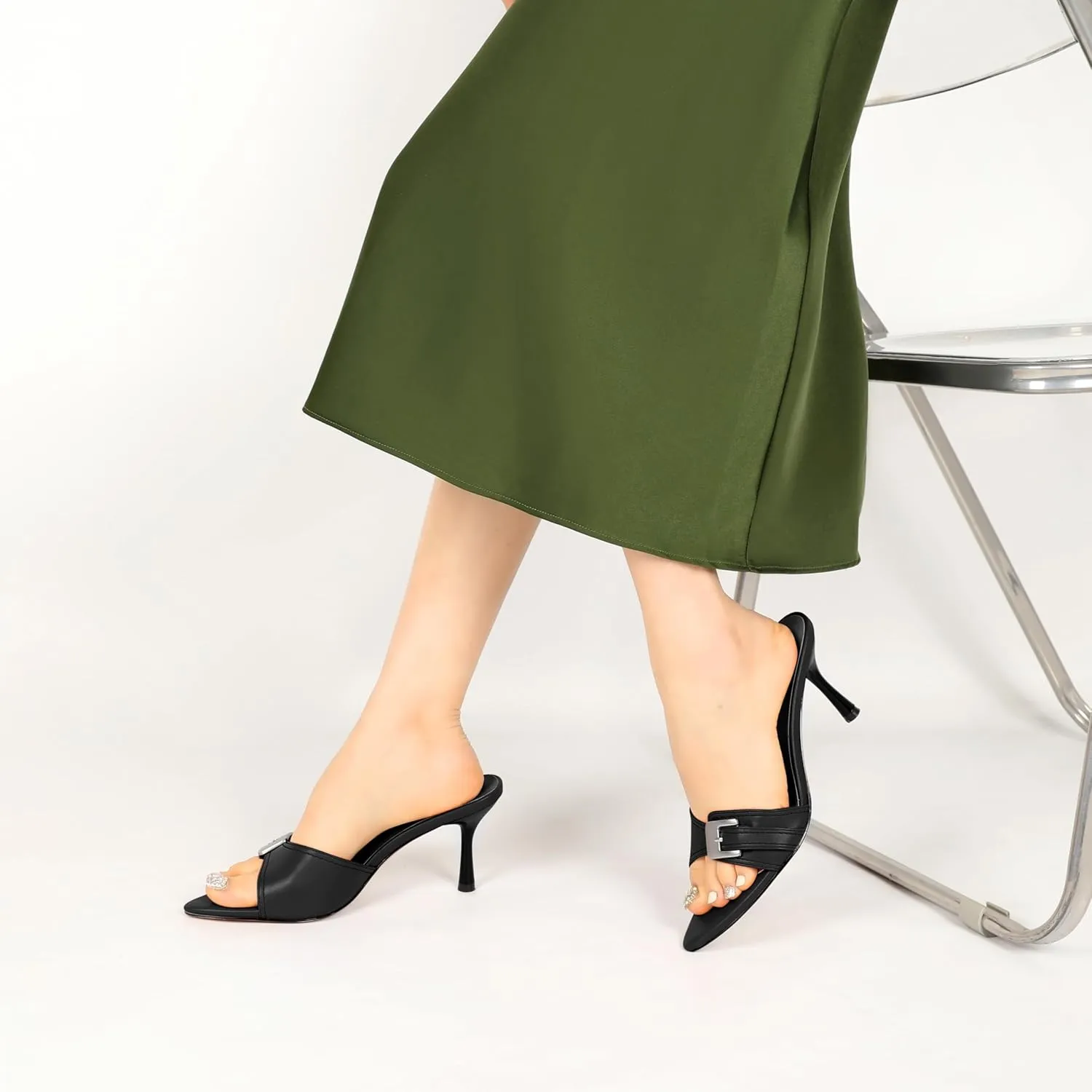 Esvowido Womens Mule Heels Pointed Open Toe Heeled Sandals 2.95 Inch Stiletto Mules with Buckle Work Party Wedding Summer Shoes