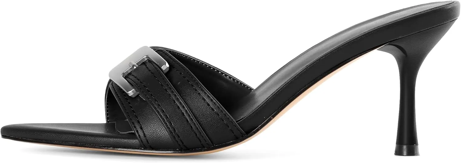 Esvowido Womens Mule Heels Pointed Open Toe Heeled Sandals 2.95 Inch Stiletto Mules with Buckle Work Party Wedding Summer Shoes