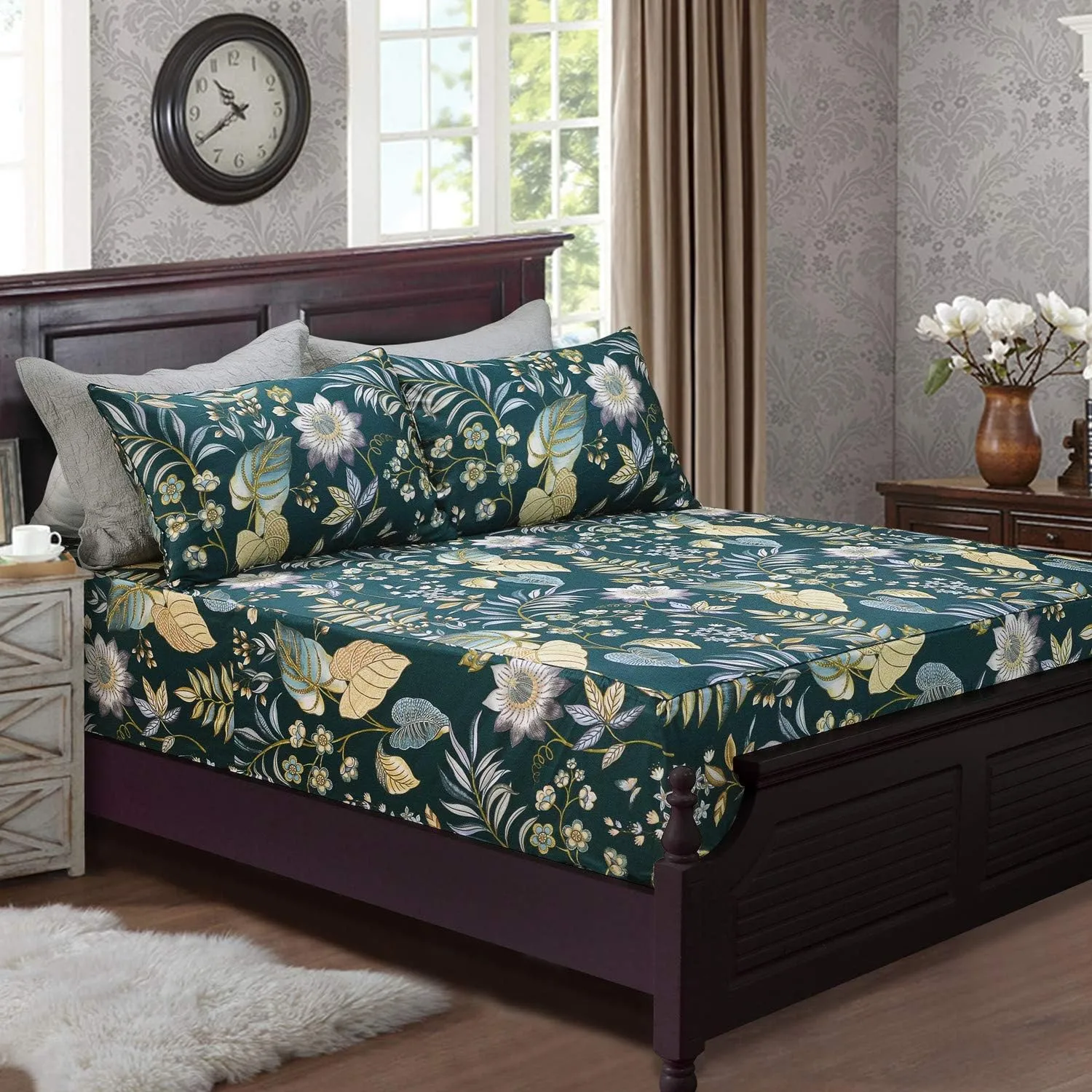 FADFAY Sheets Set Queen - Teal Floral Bedding Tropical Sunflower - 800 Thread Count Luxury Summer Bedding - 100% Egyptian Cotton - Deep Pocket - 4 Pieces
