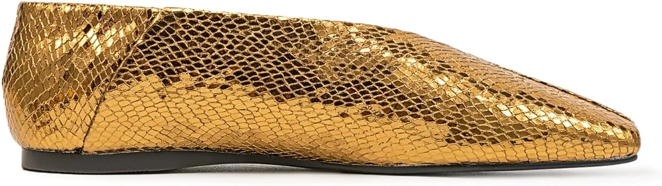 Fandimeier Women's Square Toe Ballet Flats Shoes Snakeskin Dressy Comfortable Slip-on Metallic Leather Ballerina Flats