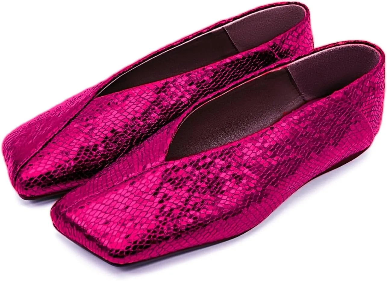 Fandimeier Women's Square Toe Ballet Flats Shoes Snakeskin Dressy Comfortable Slip-on Metallic Leather Ballerina Flats