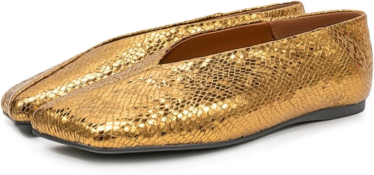 Fandimeier Women's Square Toe Ballet Flats Shoes Snakeskin Dressy Comfortable Slip-on Metallic Leather Ballerina Flats