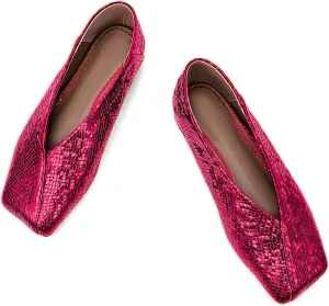 Fandimeier Women's Square Toe Ballet Flats Shoes Snakeskin Dressy Comfortable Slip-on Metallic Leather Ballerina Flats