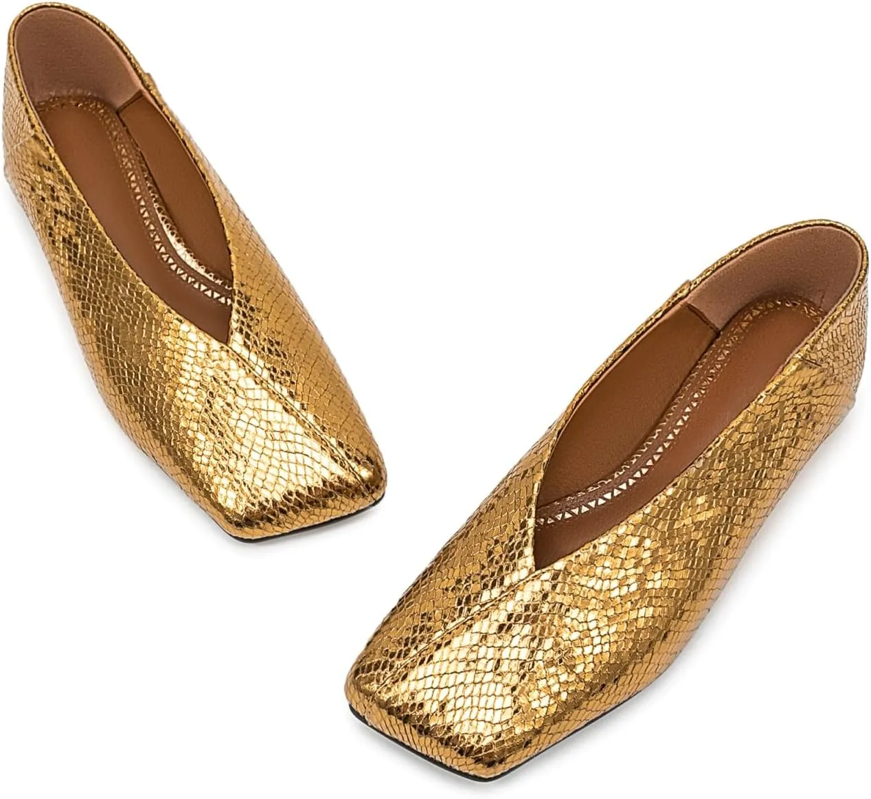 Fandimeier Women's Square Toe Ballet Flats Shoes Snakeskin Dressy Comfortable Slip-on Metallic Leather Ballerina Flats