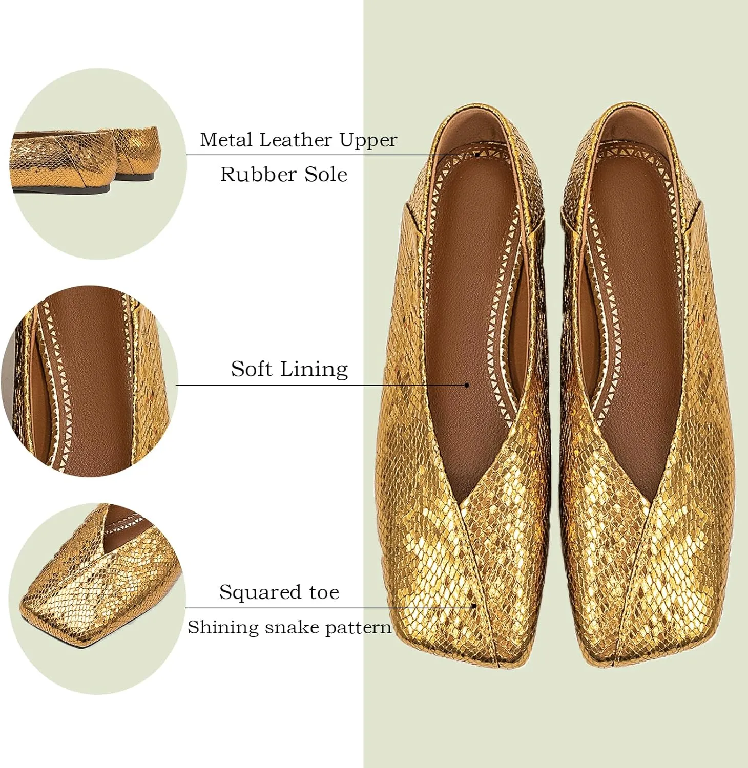 Fandimeier Women's Square Toe Ballet Flats Shoes Snakeskin Dressy Comfortable Slip-on Metallic Leather Ballerina Flats