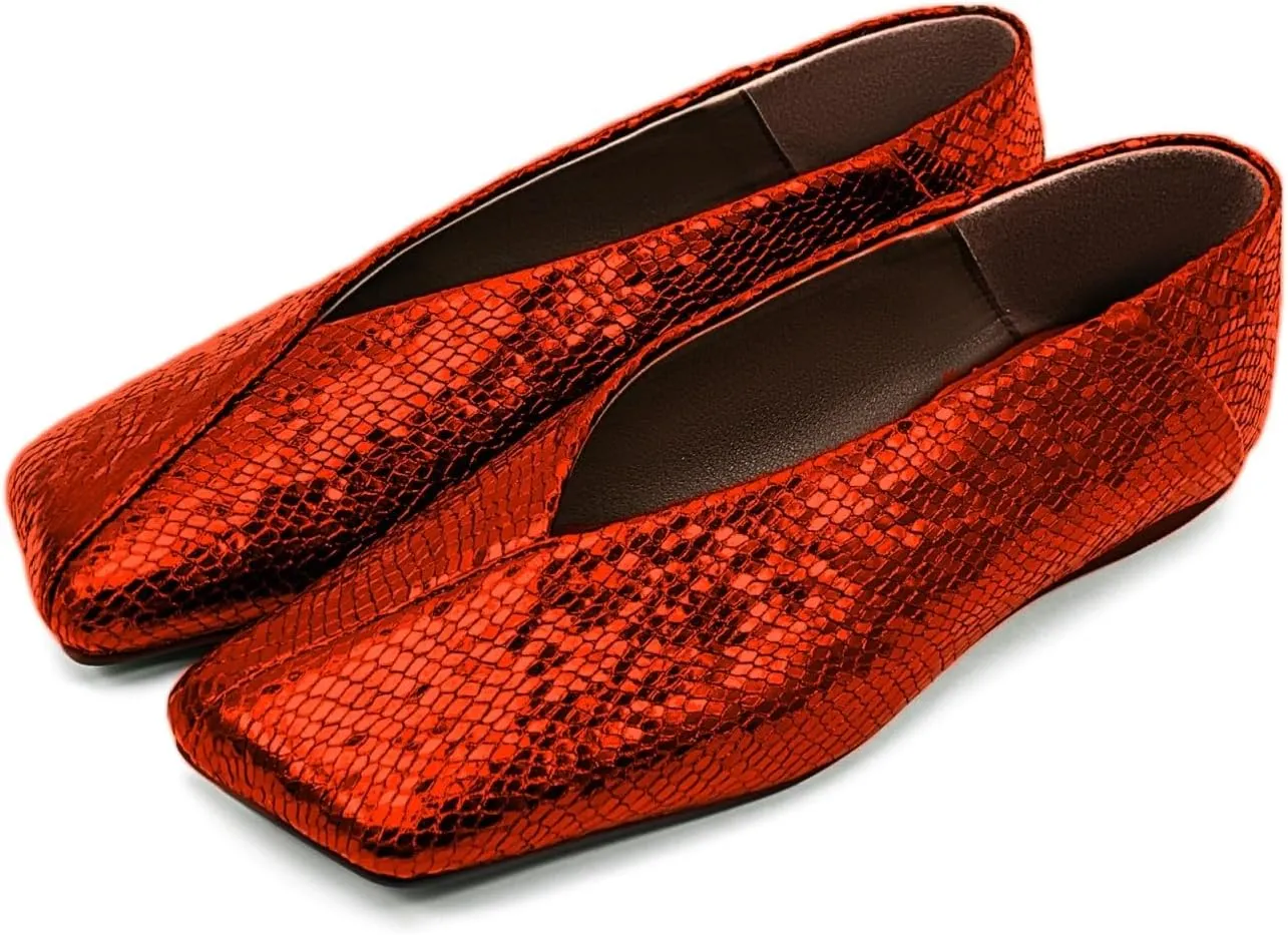 Fandimeier Women's Square Toe Ballet Flats Shoes Snakeskin Dressy Comfortable Slip-on Metallic Leather Ballerina Flats