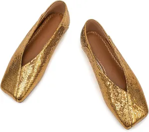 Fandimeier Women's Square Toe Ballet Flats Shoes Snakeskin Dressy Comfortable Slip-on Metallic Leather Ballerina Flats
