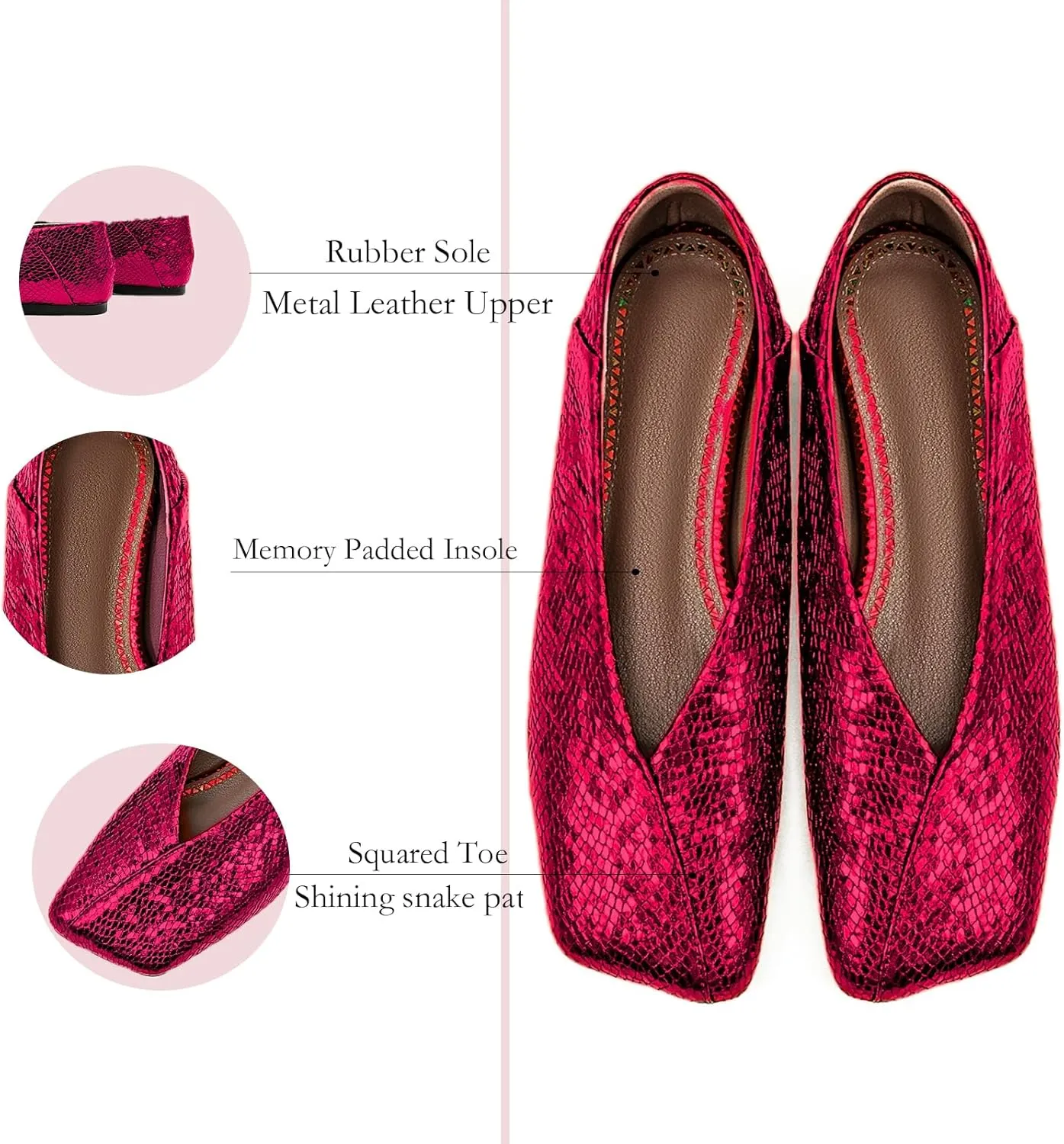 Fandimeier Women's Square Toe Ballet Flats Shoes Snakeskin Dressy Comfortable Slip-on Metallic Leather Ballerina Flats