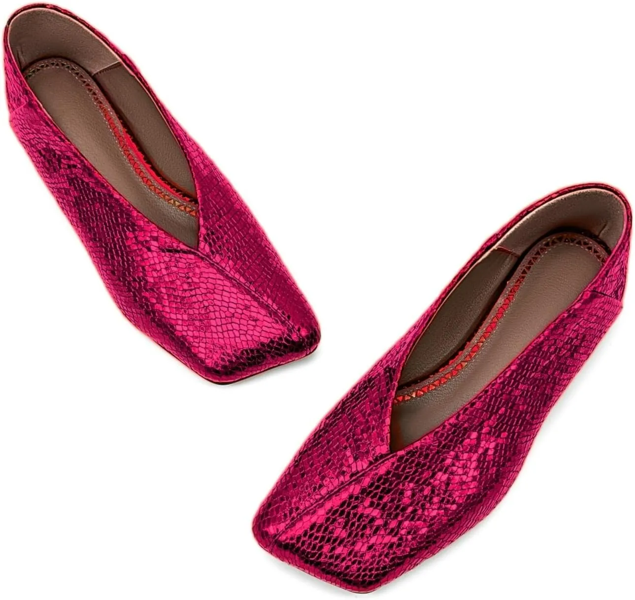 Fandimeier Women's Square Toe Ballet Flats Shoes Snakeskin Dressy Comfortable Slip-on Metallic Leather Ballerina Flats