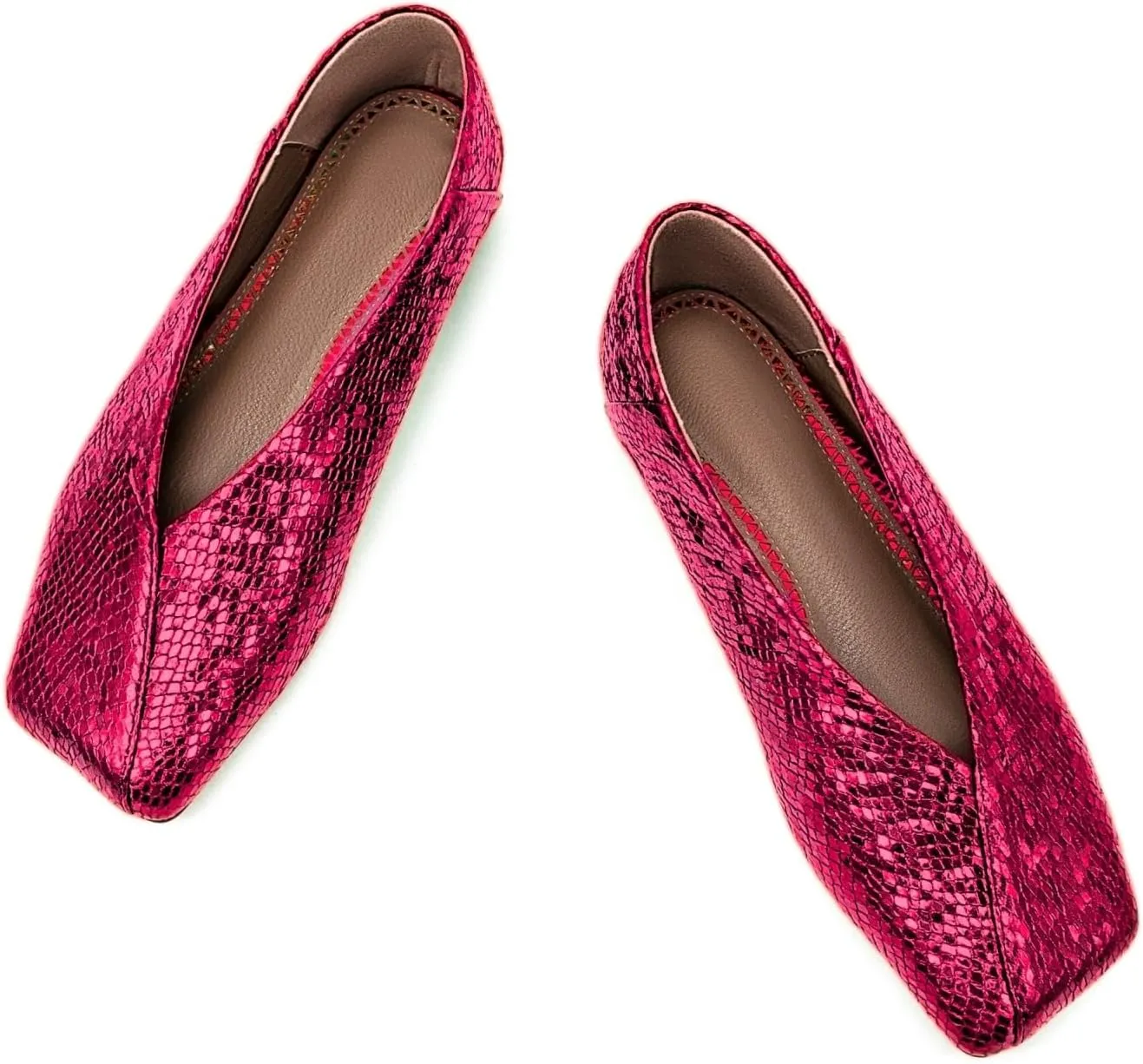 Fandimeier Women's Square Toe Ballet Flats Shoes Snakeskin Dressy Comfortable Slip-on Metallic Leather Ballerina Flats