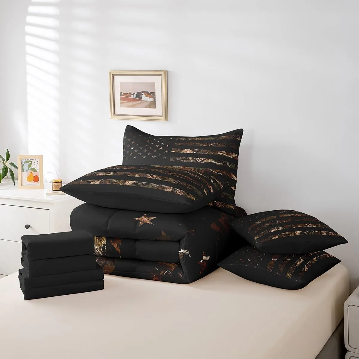 Feelyou American Flag 7 Pieces Bedding Set, Queen Brown Camouflage Botancial All Season,Bed in a Bag with Comforter, Sheets, Pillowcases Branch Hunting Bed Set Breathable Camouflage Hunter Room Decor